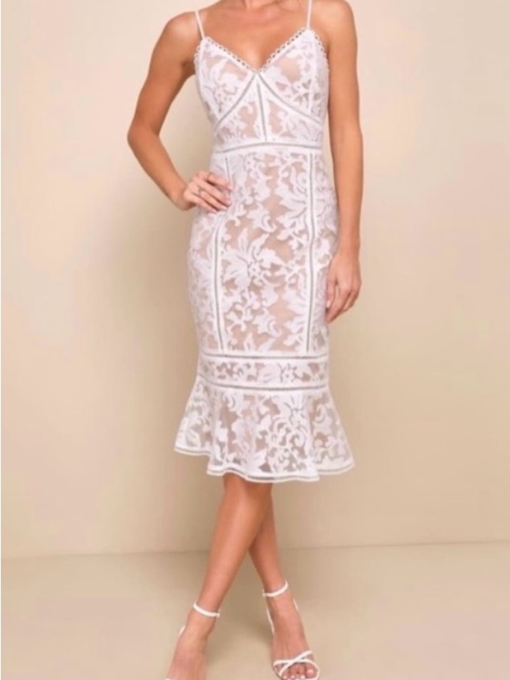 Lulu's White Floral Lace Midi Dress with Flounce Hem